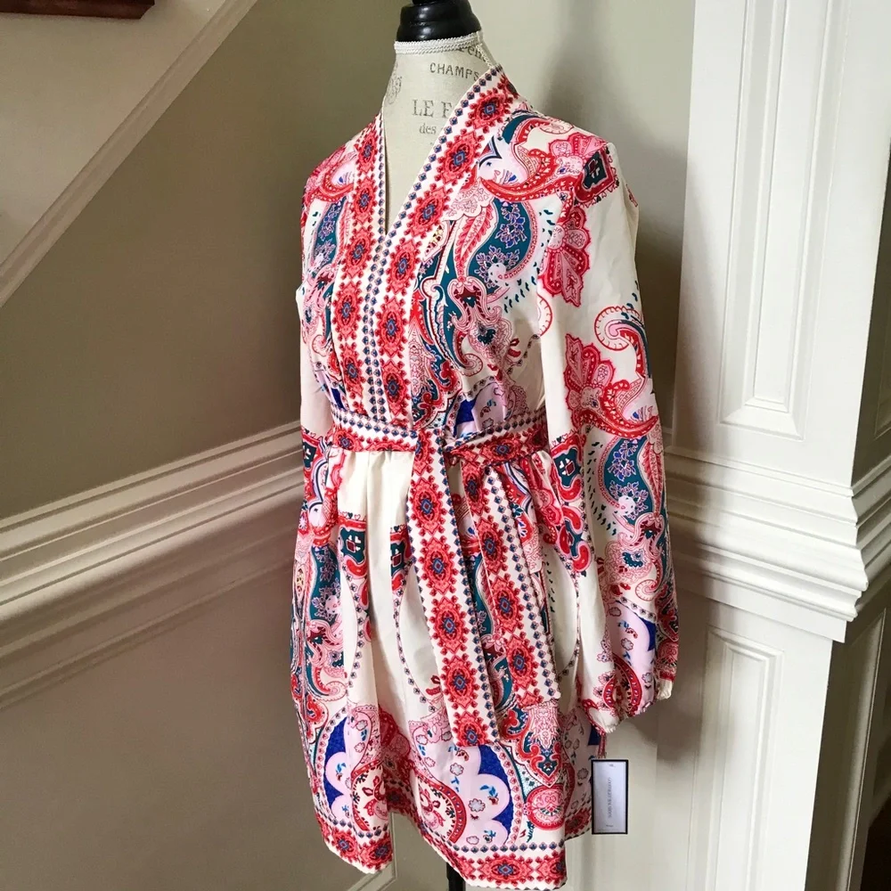 NWT Goodnight Macaroon Lola Dress Womens Small Red Blue Long Sleeve V-Neck Belt - Picture 7 of 12